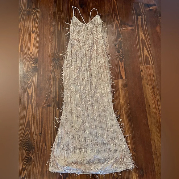 LULUS Endless Festivities Rose Gold Sequin Fringe Lace-Up Maxi Dress Formal Gown - Picture 6 of 13